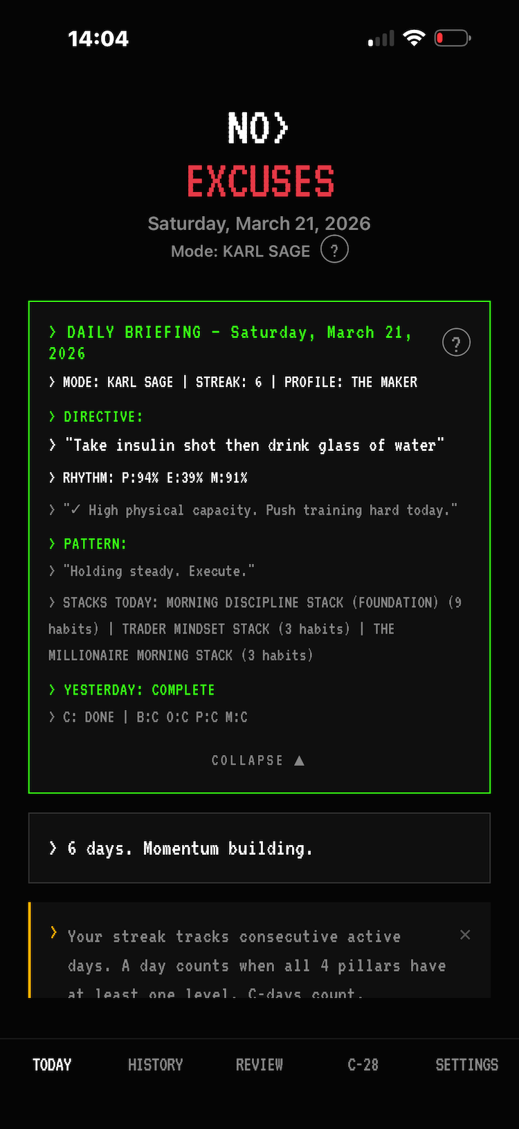 Today screen - daily briefing