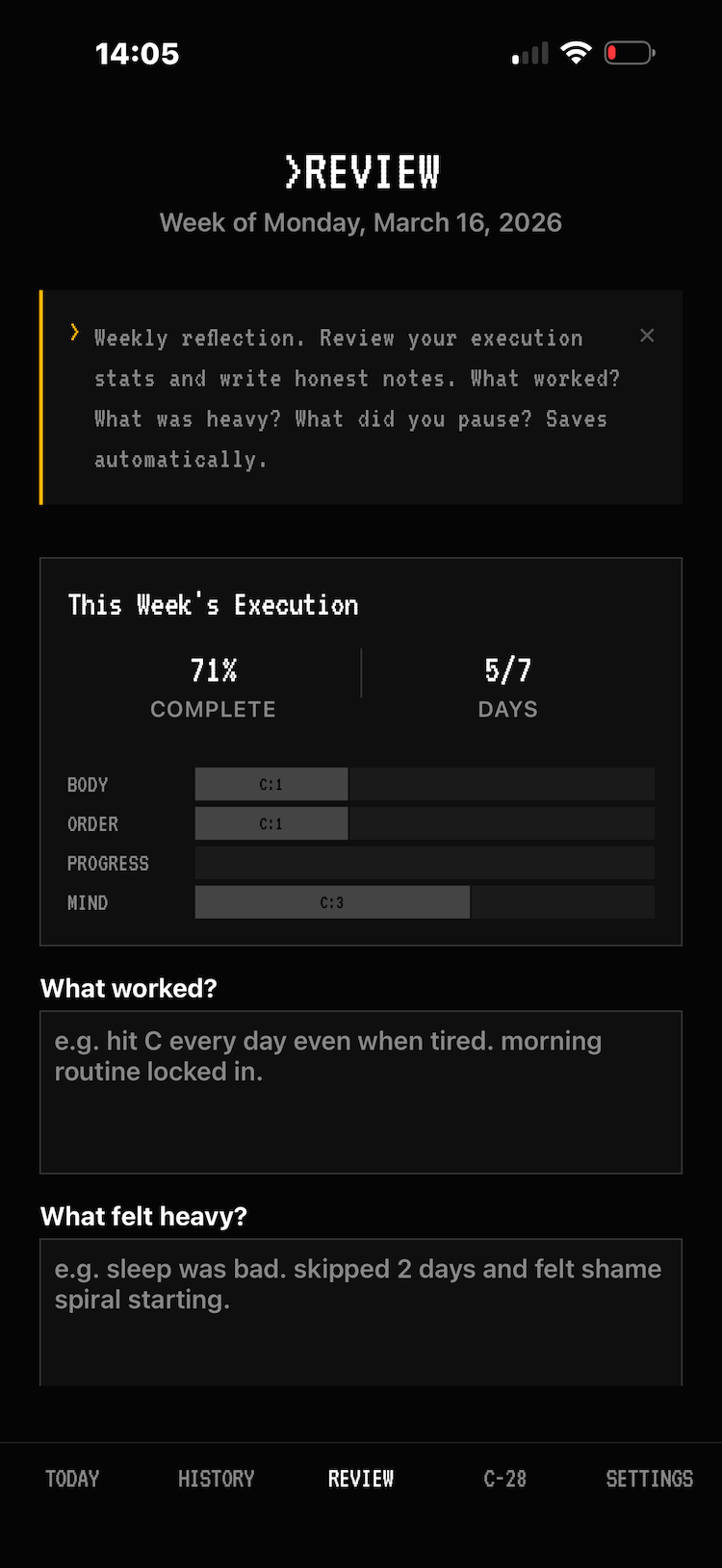 Weekly review and reflection